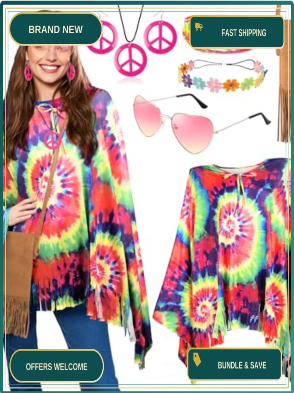 70s Hippie Costume Set Tie Dye Poncho Fringe Bag Peace Jewelry Women